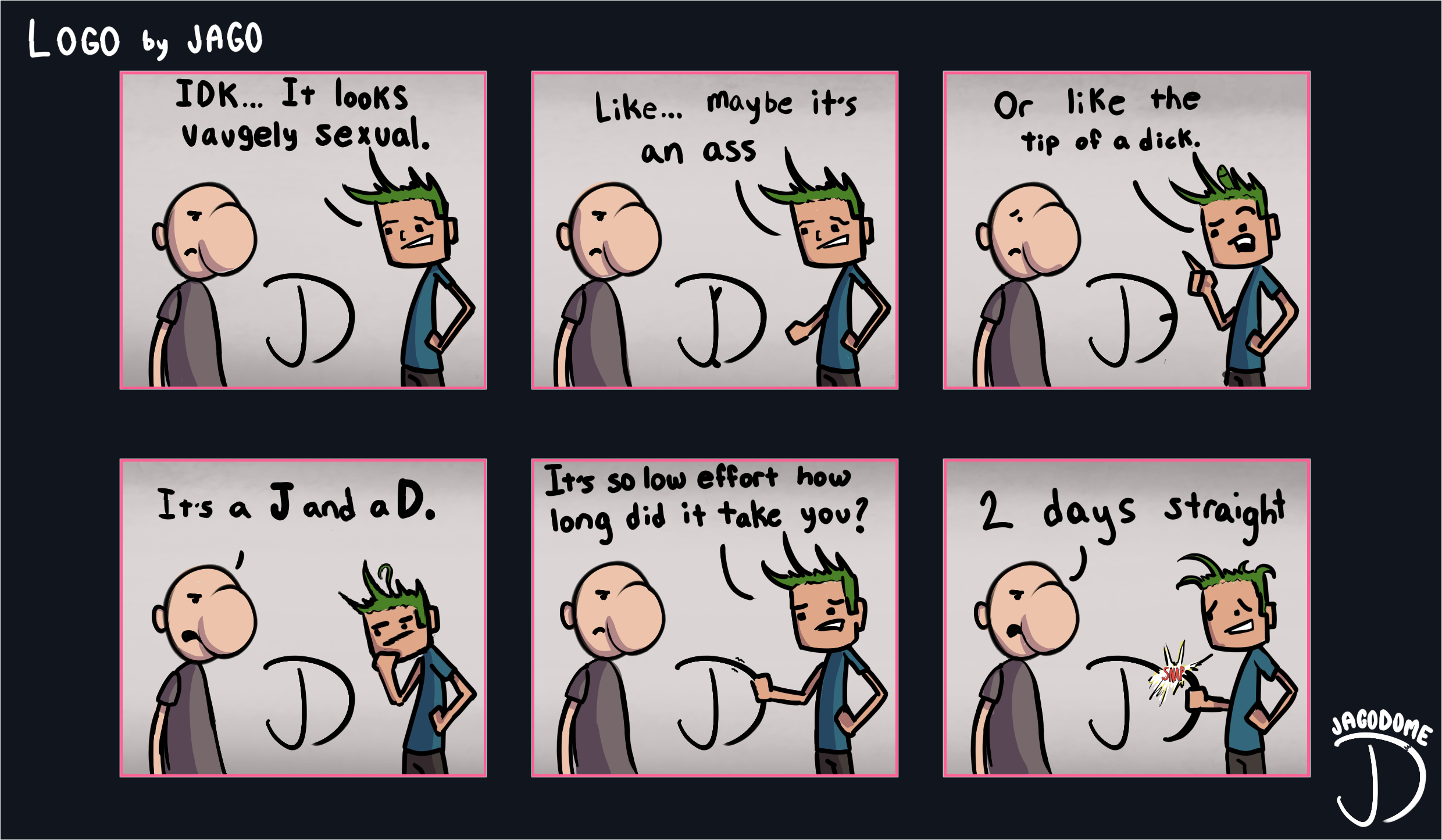Six-panel comic about the JagoDome logo design looking vaguely sexual before revealing it is just a J and a D.